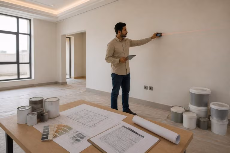 مهندس يقيس جداراً لحساب كمية الدهانات المطلوبة للمبنى