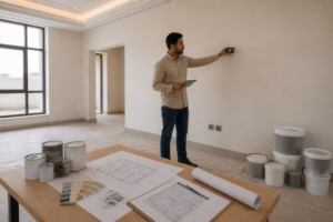 مهندس يقيس جداراً لحساب كمية الدهانات المطلوبة للمبنى