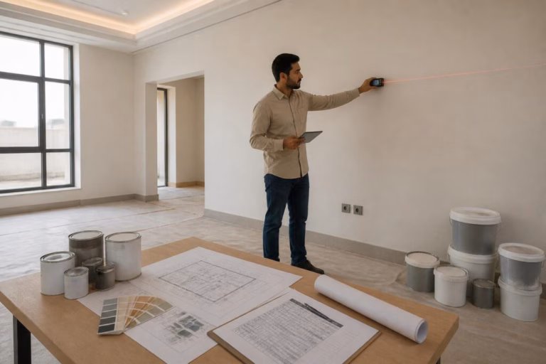 مهندس يقيس جداراً لحساب كمية الدهانات المطلوبة للمبنى