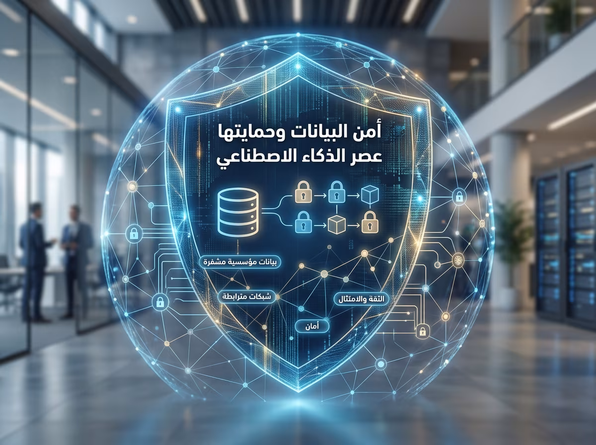 درع رقمي رمزي يعكس حماية وأمن البيانات والخصوصية في تطبيقات الذكاء الاصطناعي درع رقمي رمزي يعكس حماية وأمن البيانات والخصوصية في تطبيقات الذكاء الاصطناعي