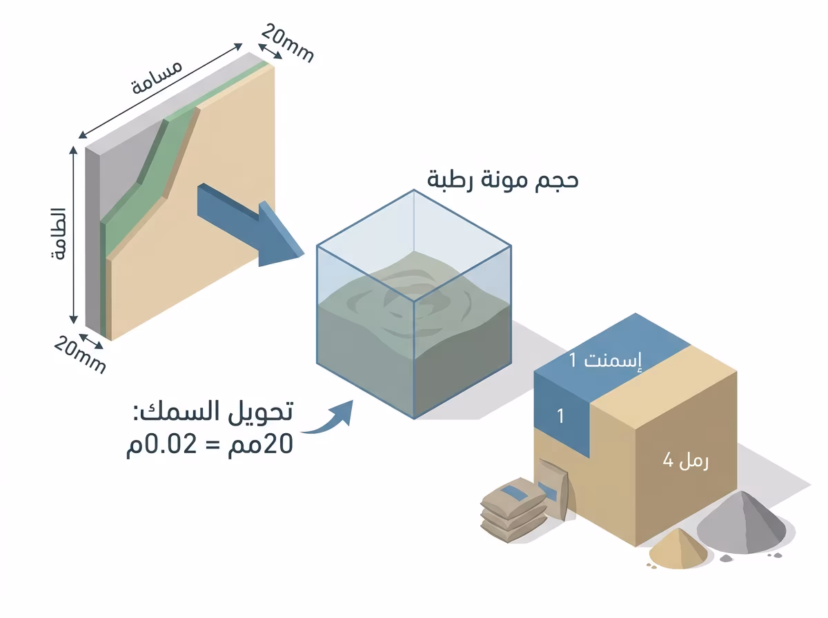 طريقة حساب الأسمنت والرمل للمحارة خطوة بخطوة خطوات حساب كمية مونة المحارة من المساحة إلى الأسمنت والرمل
