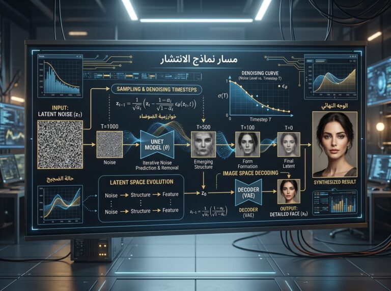 خوارزميات أخذ العينات في نماذج توليد الصور رسم توضيحي تقني لمسار إزالة الضوضاء وخوارزميات أخذ العينات في نماذج الانتشار - اختصارات توليد الصور بالذكاء الاصطناعي.