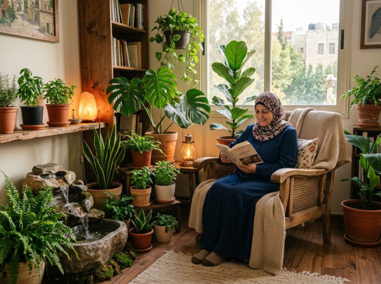 زاوية قراءة مريحة محاطة بالنباتات ونافورة مياه حجرية