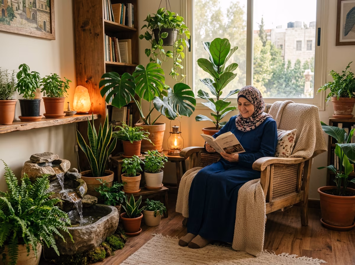 زاوية قراءة مريحة محاطة بالنباتات ونافورة مياه حجرية