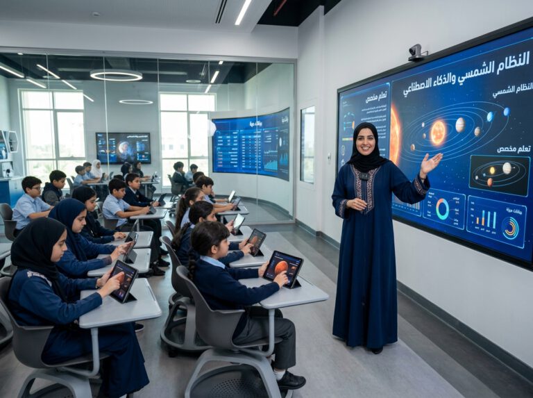 ChatGPT في التعليم معلمة تستخدم تقنيات الذكاء الاصطناعي في شرح الدروس للطلاب