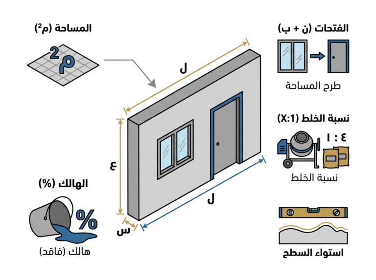 العوامل المؤثرة في حساب كمية الأسمنت والرمل للمحارة واللياسة