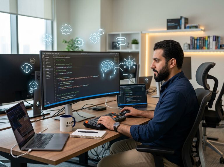 مهندس يقوم بصياغة أوامر الذكاء الاصطناعي وتطوير مسارات العمل الآلية
