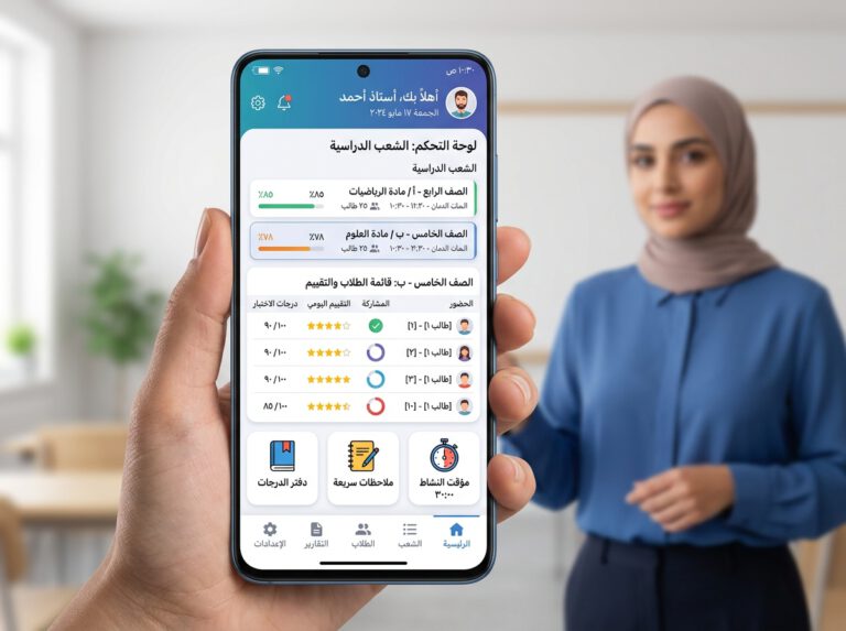 واجهة تطبيق مساعد المعلّم لإدارة الصفوف والطلاب والتقييم اليومي