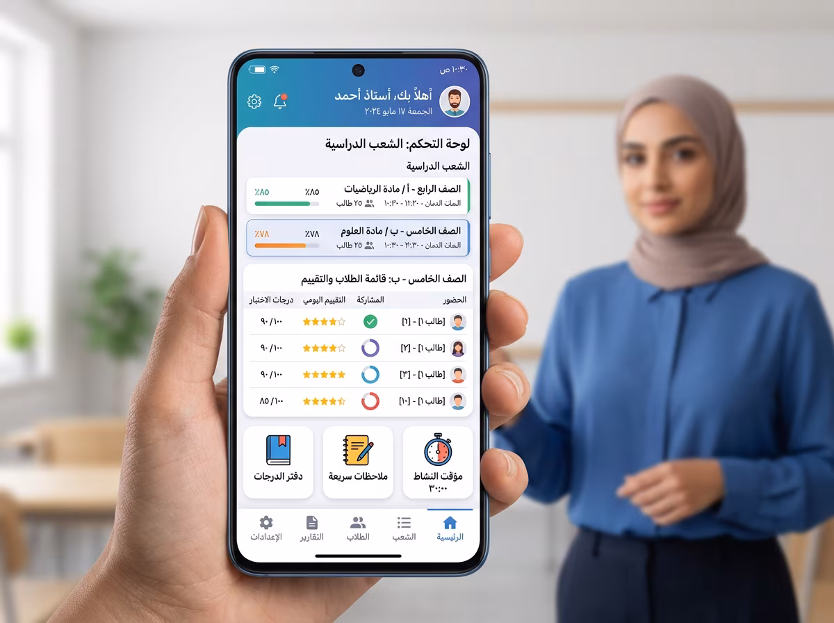 واجهة تطبيق مساعد المعلّم لإدارة الصفوف والطلاب والتقييم اليومي