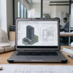 لابتوب هندسي يعرض نموذجًا إنشائيًا ومخططًا مدنيًا على مكتب مهندس
