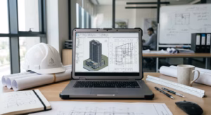 لابتوب هندسي يعرض نموذجًا إنشائيًا ومخططًا مدنيًا على مكتب مهندس