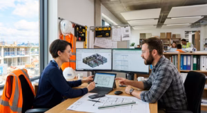مهندسان يراجعان المخططات والحاسبات الهندسية على شاشة رقمية في مكتب موقع البناء